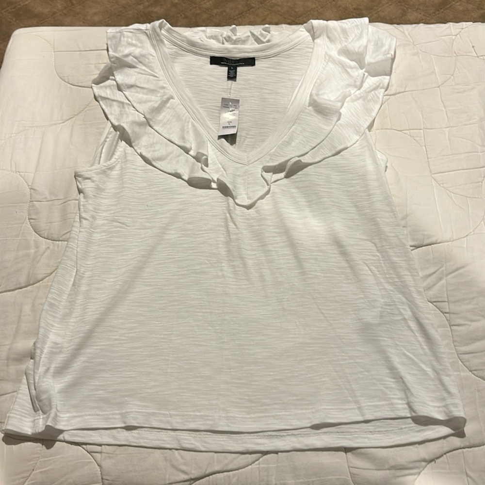 White House , Black Market white ruffle neck tee, size large new with tags